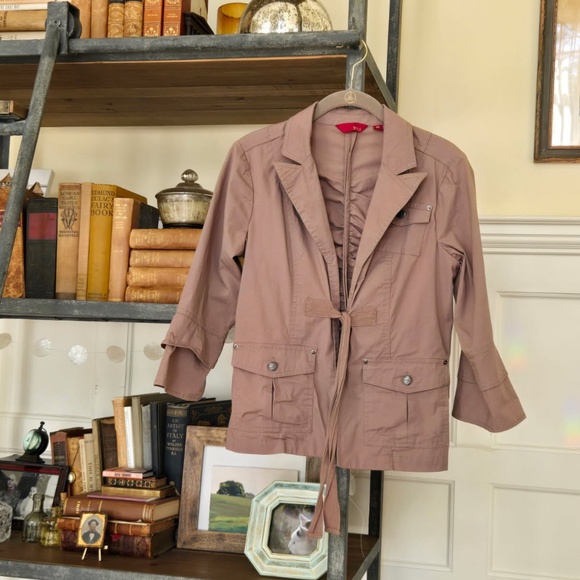 G.I.L.I. stylish khaki Jacket or Blazer with pockets, ruching and tie front. o/s - Picture 11 of 12